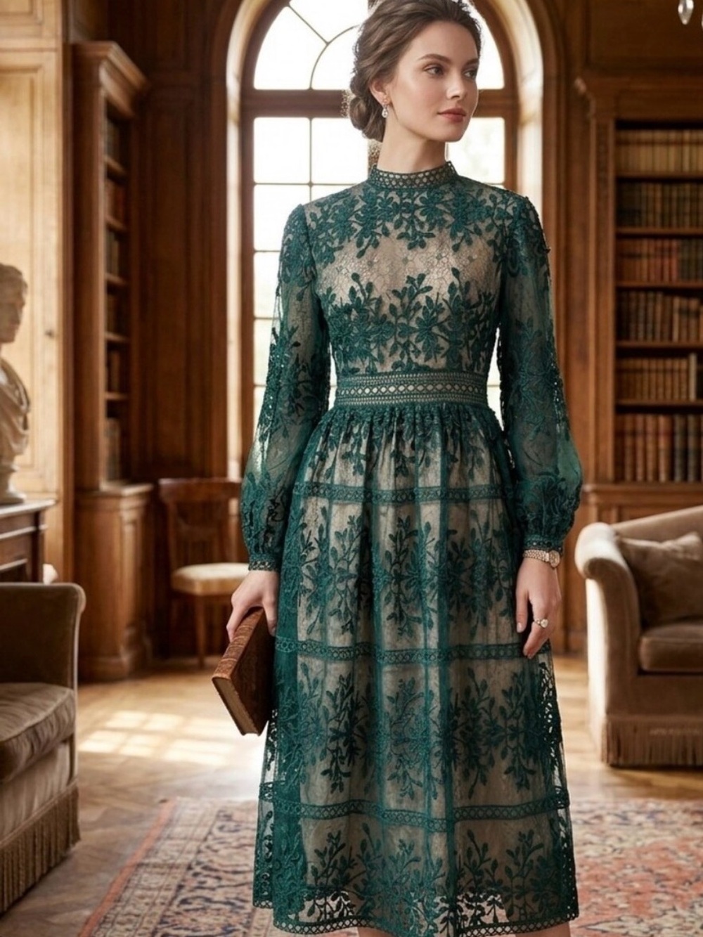 Ivy City Co Teal Green Lace Midi Dress with High Neck and Long Sleeves